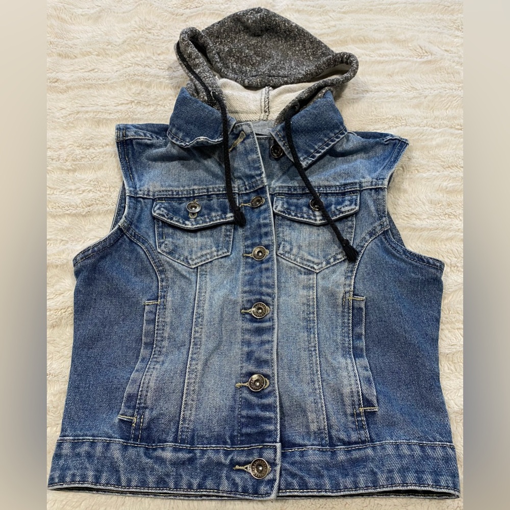 Blue and Gray Denim Vest with Hood